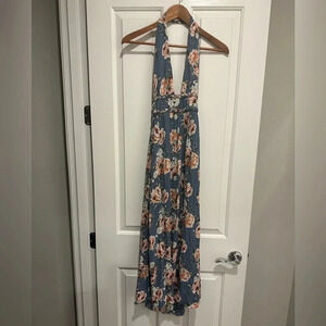 Dainty Hooligan Blue Floral Halter dress w/open back  Size Small